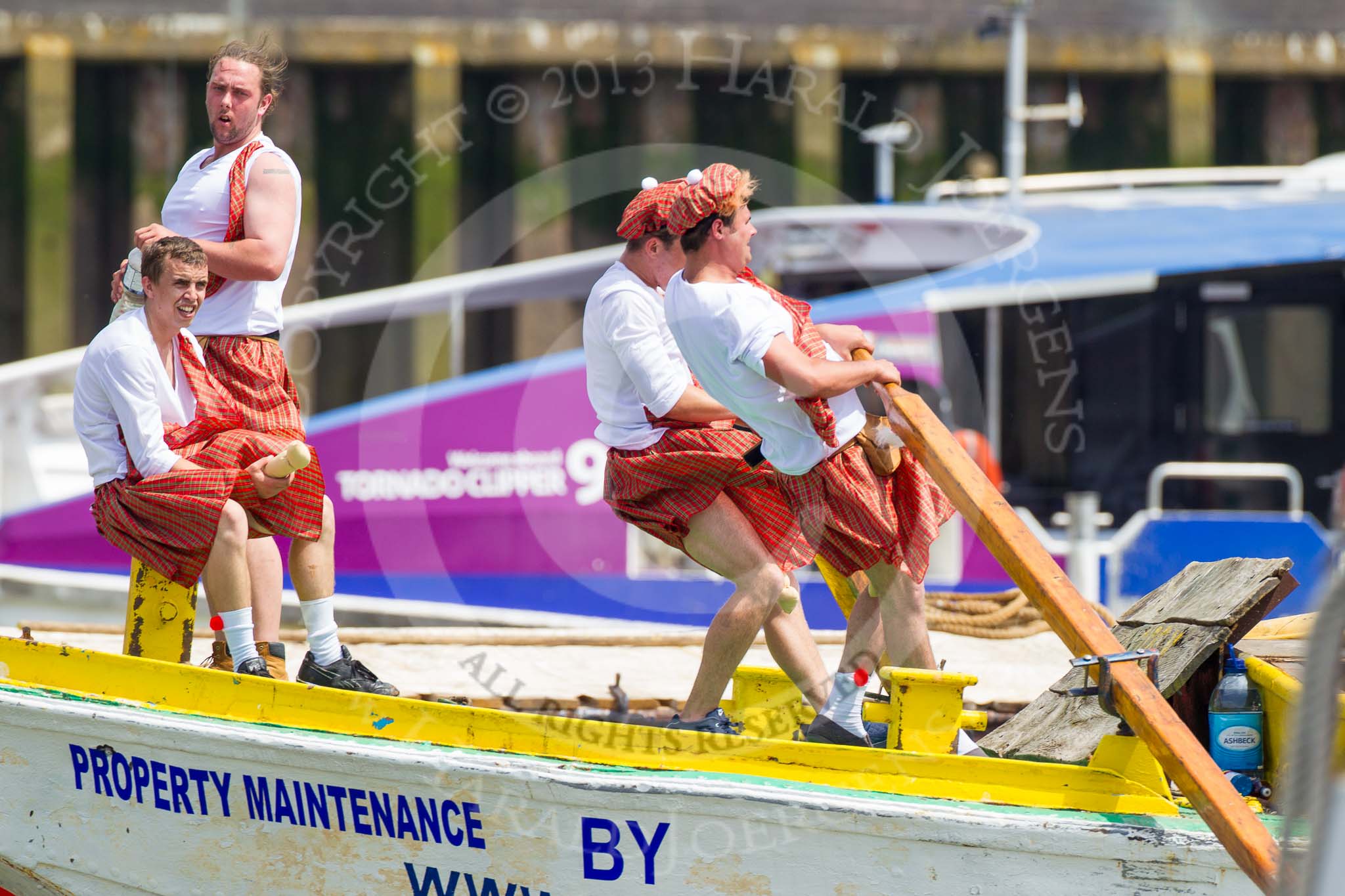 TOW River Thames Barge Driving Race 2013: Rowers on barge "Hoppy", by GPS Fabrication..
River Thames between Greenwich and Westminster,
London,

United Kingdom,
on 13 July 2013 at 12:49, image #225