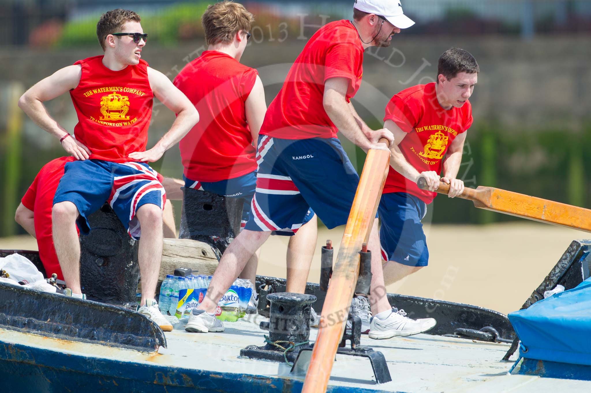 TOW River Thames Barge Driving Race 2013: Rowers on barge "Diana", by Trinity Buoy Wharf..
River Thames between Greenwich and Westminster,
London,

United Kingdom,
on 13 July 2013 at 12:55, image #240