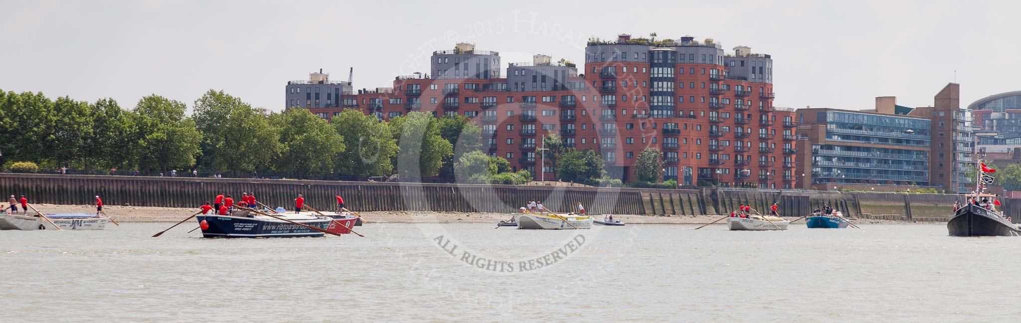 TOW River Thames Barge Driving Race 2013: Six competing barges in this image, from the left: Barge "Spirit of Mountabatten", by Mechanical Movements and Enabling Services Ltd, "Benjamin", by London Party Boats, "Jane", by the RMT Union, "Hoppy", by GPS Fabrication, "Shell Bay" by South Dock Marina, and "Darren Lacey", by Princess Pocahontas..
River Thames between Greenwich and Westminster,
London,

United Kingdom,
on 13 July 2013 at 13:06, image #273