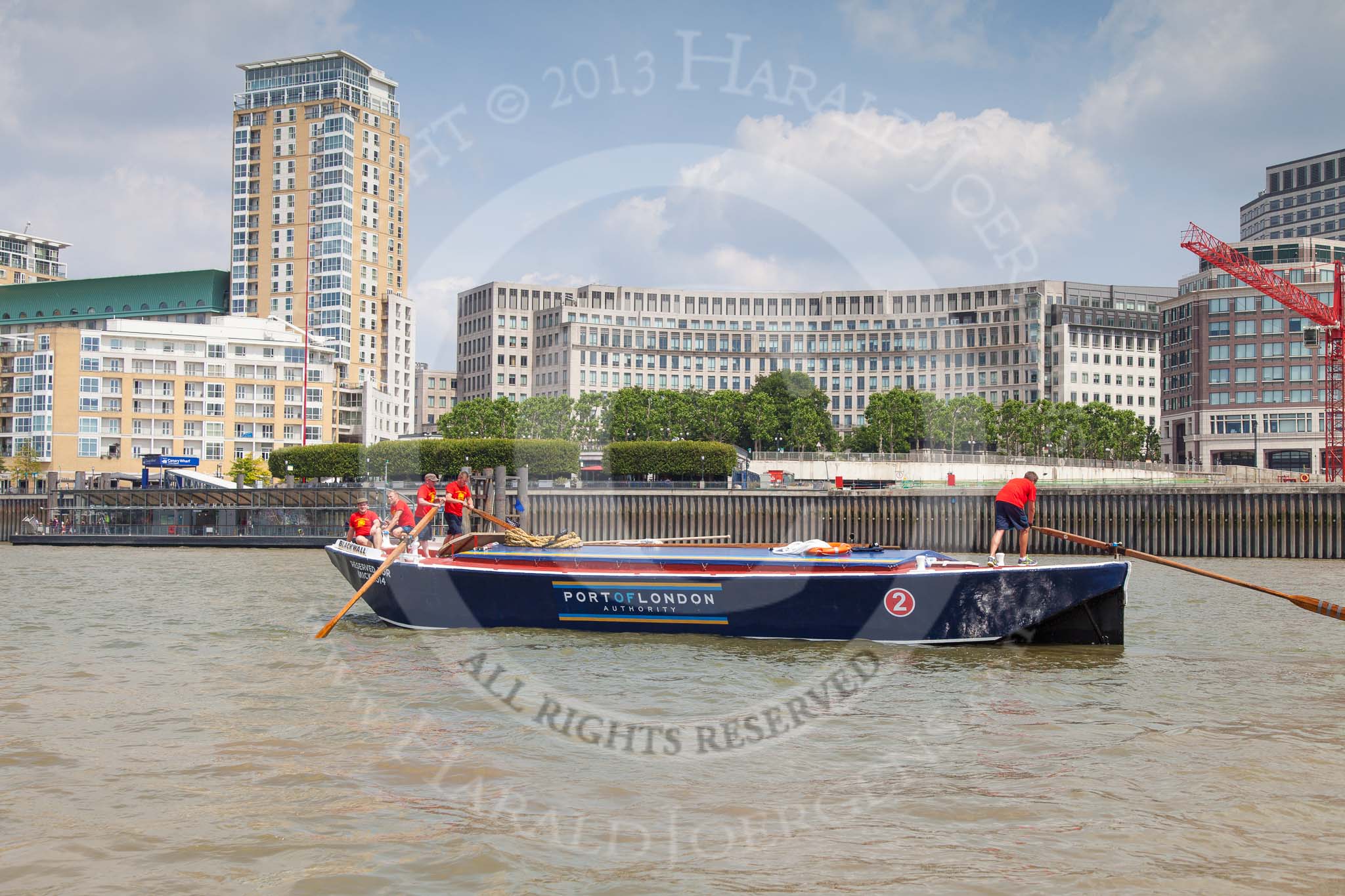 TOW River Thames Barge Driving Race 2013: Barge "Blackwall", by the Port of London Authority, in front of Canary Wharf Pier..
River Thames between Greenwich and Westminster,
London,

United Kingdom,
on 13 July 2013 at 13:10, image #283