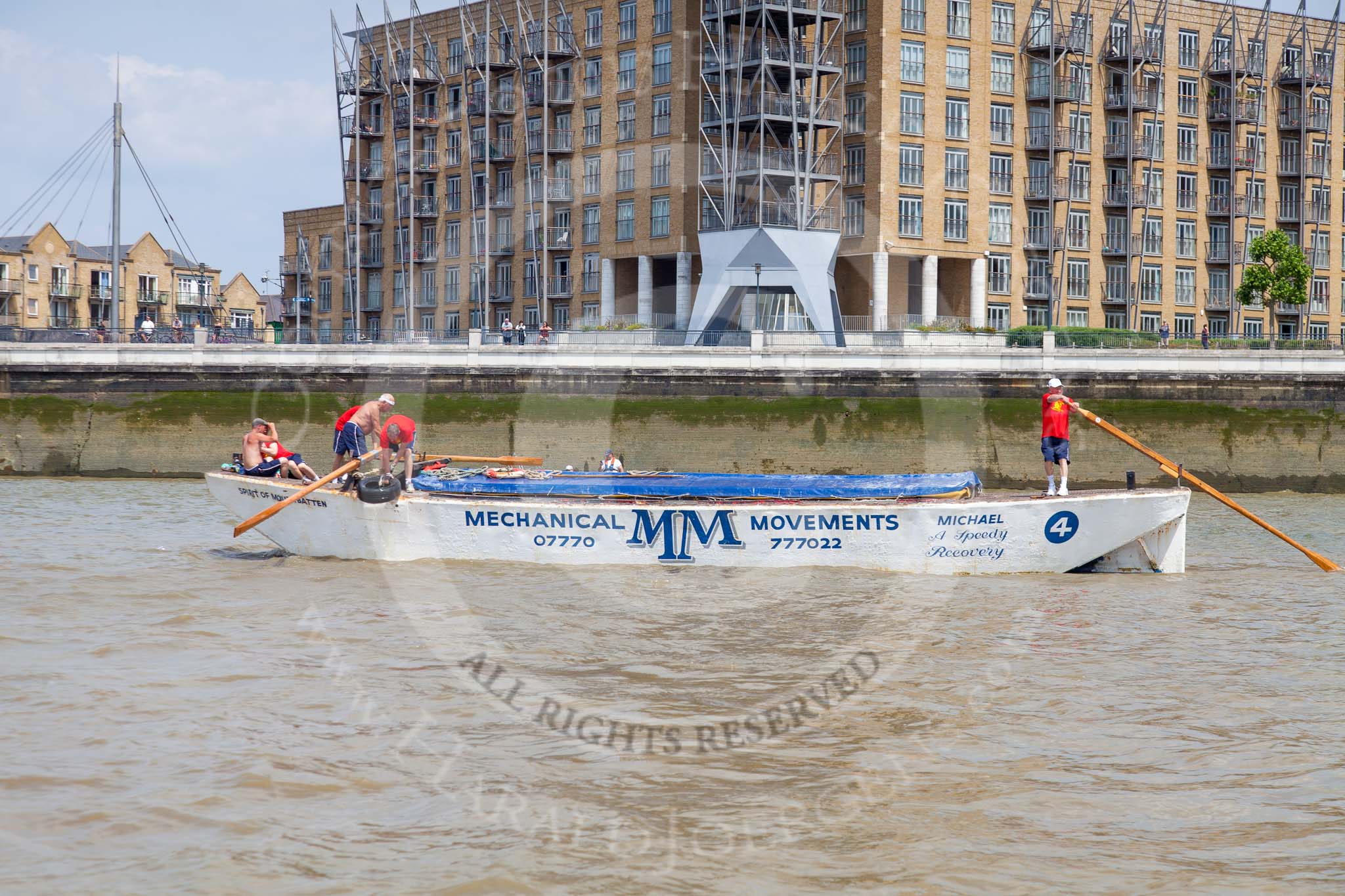 TOW River Thames Barge Driving Race 2013: Barge "Spirit of Mountabatten", by Mechanical Movements and Enabling Services Ltd, near Limehouse Basin..
River Thames between Greenwich and Westminster,
London,

United Kingdom,
on 13 July 2013 at 13:16, image #303
