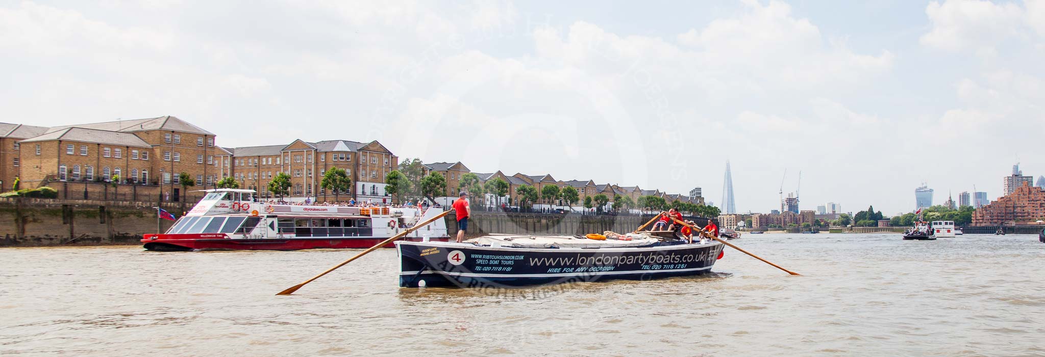 TOW River Thames Barge Driving Race 2013: Barge "Steve Faldo" by Capital Pleasure Boats..
River Thames between Greenwich and Westminster,
London,

United Kingdom,
on 13 July 2013 at 13:17, image #308