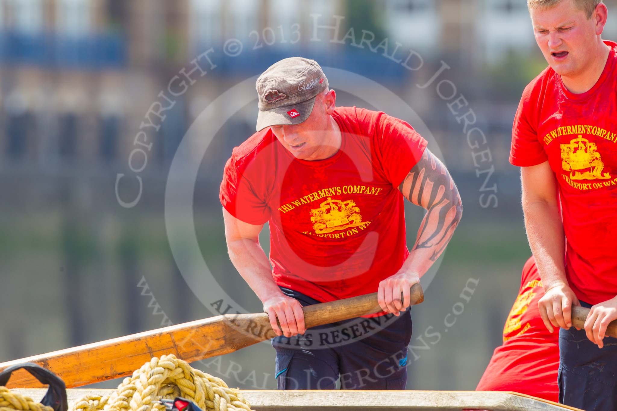 TOW River Thames Barge Driving Race 2013: Rowers on board of barge "Blackwall", by the Port of London Authority..
River Thames between Greenwich and Westminster,
London,

United Kingdom,
on 13 July 2013 at 13:19, image #313