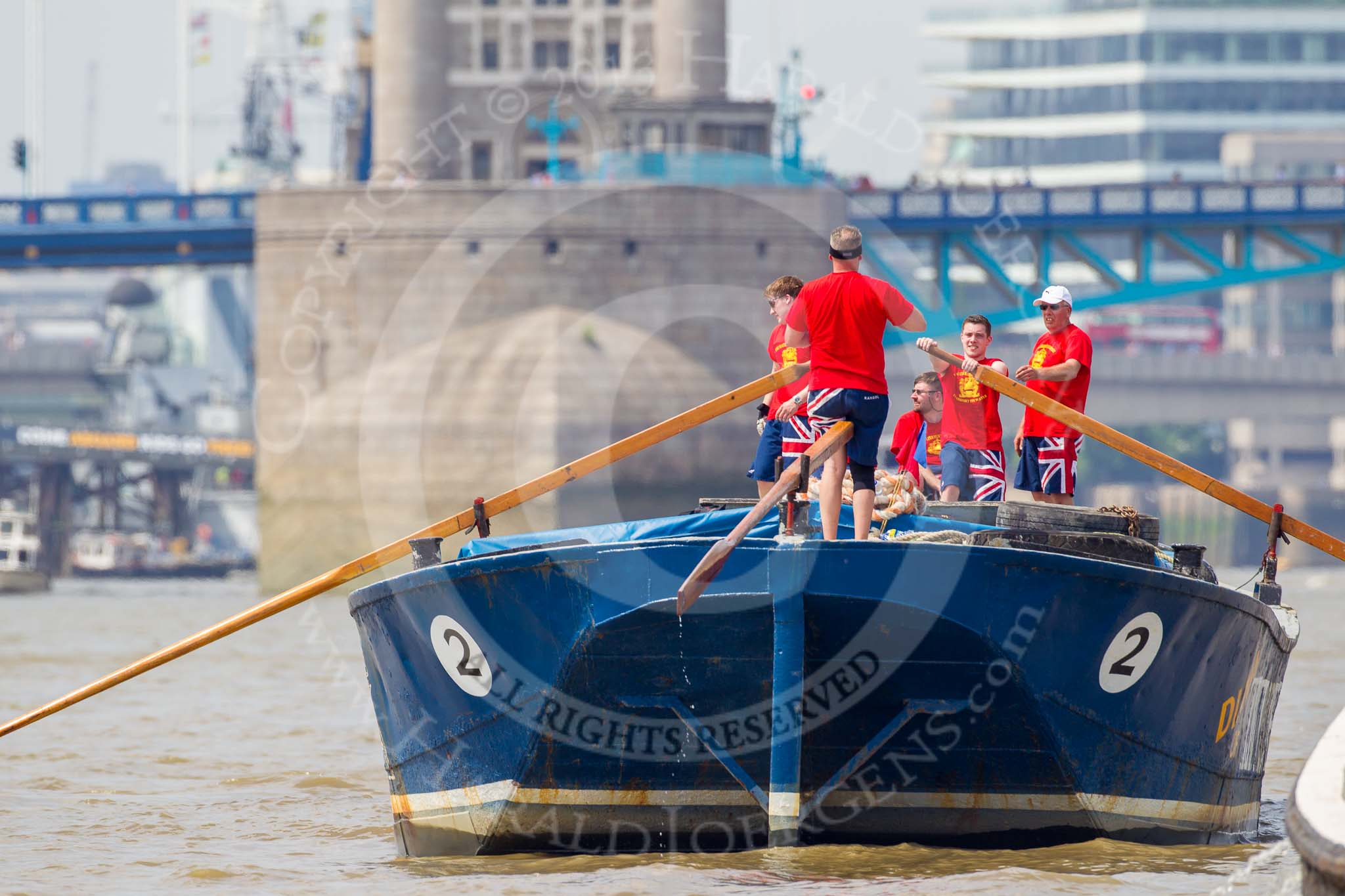 TOW River Thames Barge Driving Race 2013: Barge "Diana", by Trinity Buoy Wharf. approaching Tower Bridge..
River Thames between Greenwich and Westminster,
London,

United Kingdom,
on 13 July 2013 at 13:33, image #359
