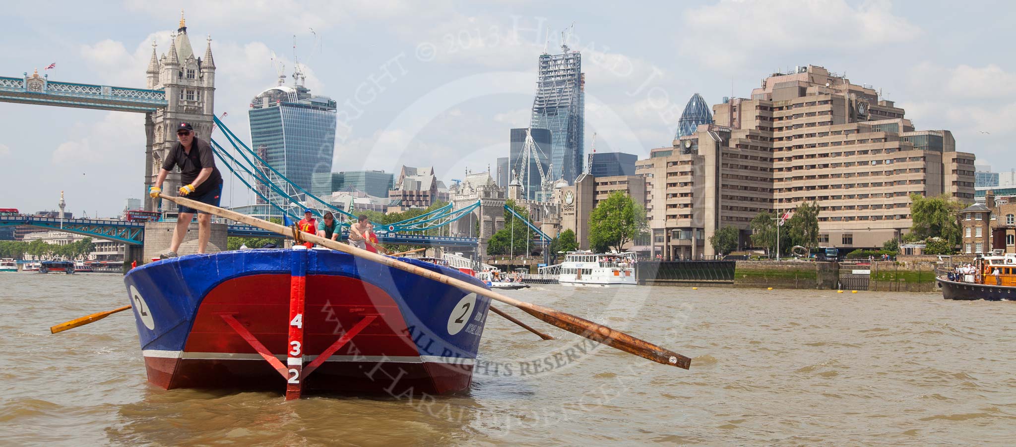 TOW River Thames Barge Driving Race 2013: Barge "Steve Faldo" by Capital Pleasure Boats, approaching Tower Bridge..
River Thames between Greenwich and Westminster,
London,

United Kingdom,
on 13 July 2013 at 13:38, image #372