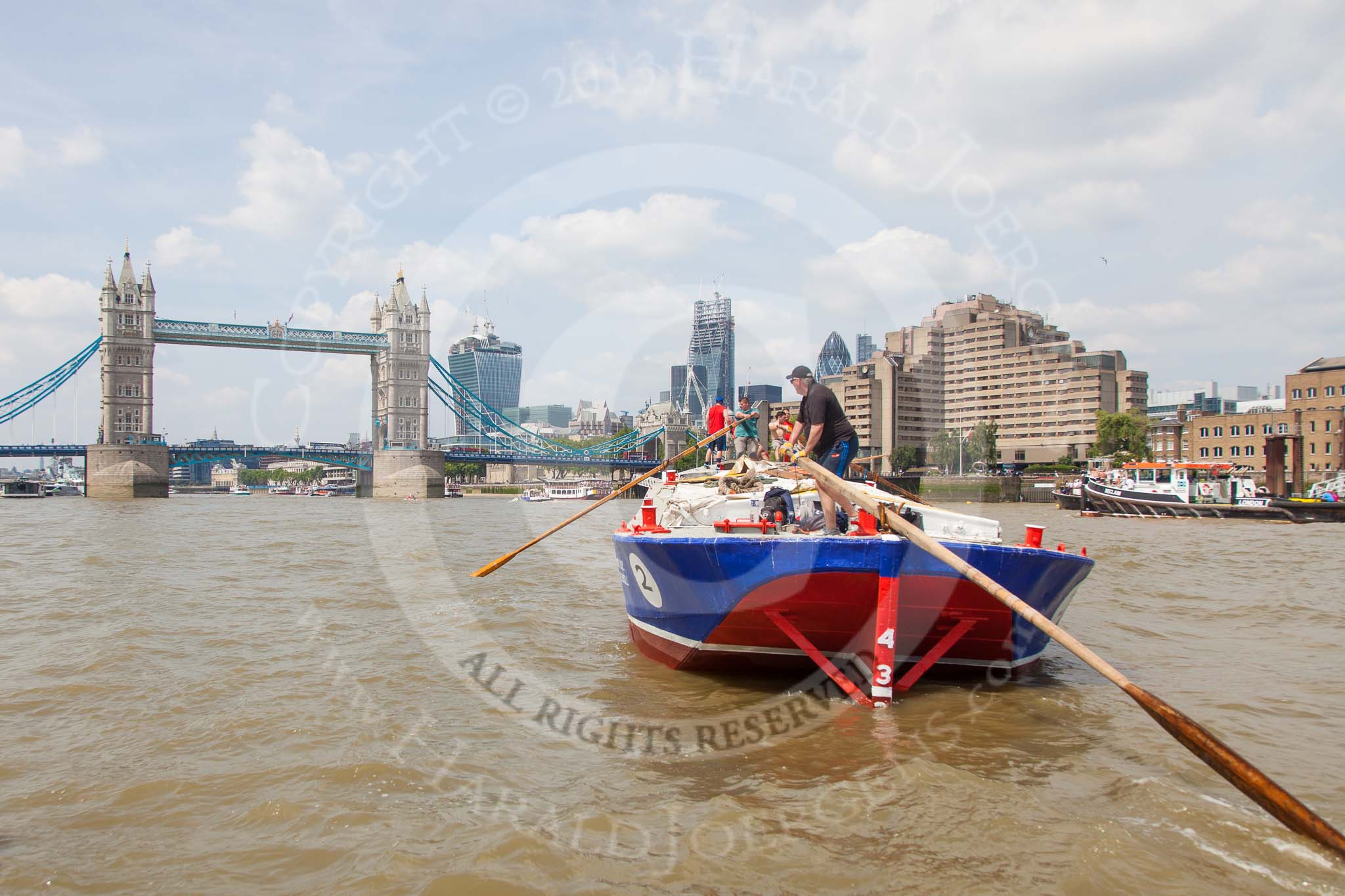 TOW River Thames Barge Driving Race 2013: Barge "Steve Faldo" by Capital Pleasure Boats, approaching Tower Bridge..
River Thames between Greenwich and Westminster,
London,

United Kingdom,
on 13 July 2013 at 13:39, image #373