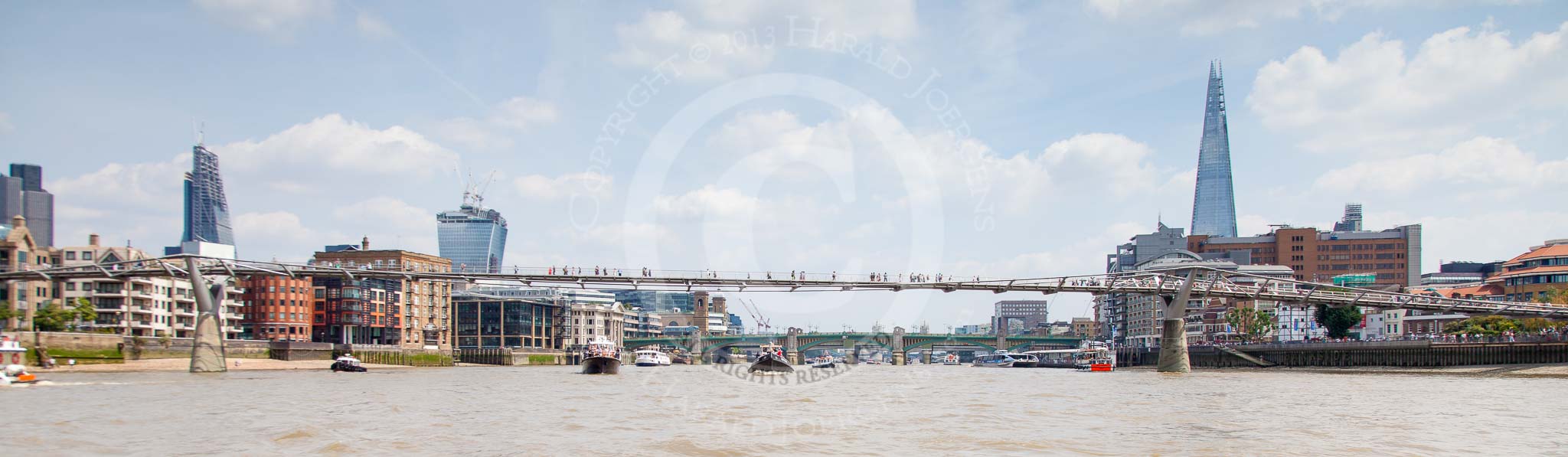TOW River Thames Barge Driving Race 2013: The Millenium Footbridge in a wide angle view from the river. In the background, on the left, the "Walkie Talkie", and on the right the "Shard" building..
River Thames between Greenwich and Westminster,
London,

United Kingdom,
on 13 July 2013 at 13:54, image #402