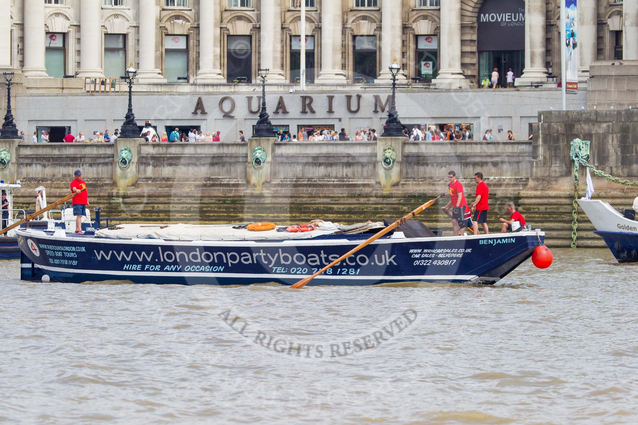TOW River Thames Barge Driving Race 2013: Barge "Benjamin", by London Party Boats, at the London Aquarium, close to the finish of the race at Westminster Bridge..
River Thames between Greenwich and Westminster,
London,

United Kingdom,
on 13 July 2013 at 14:19, image #433