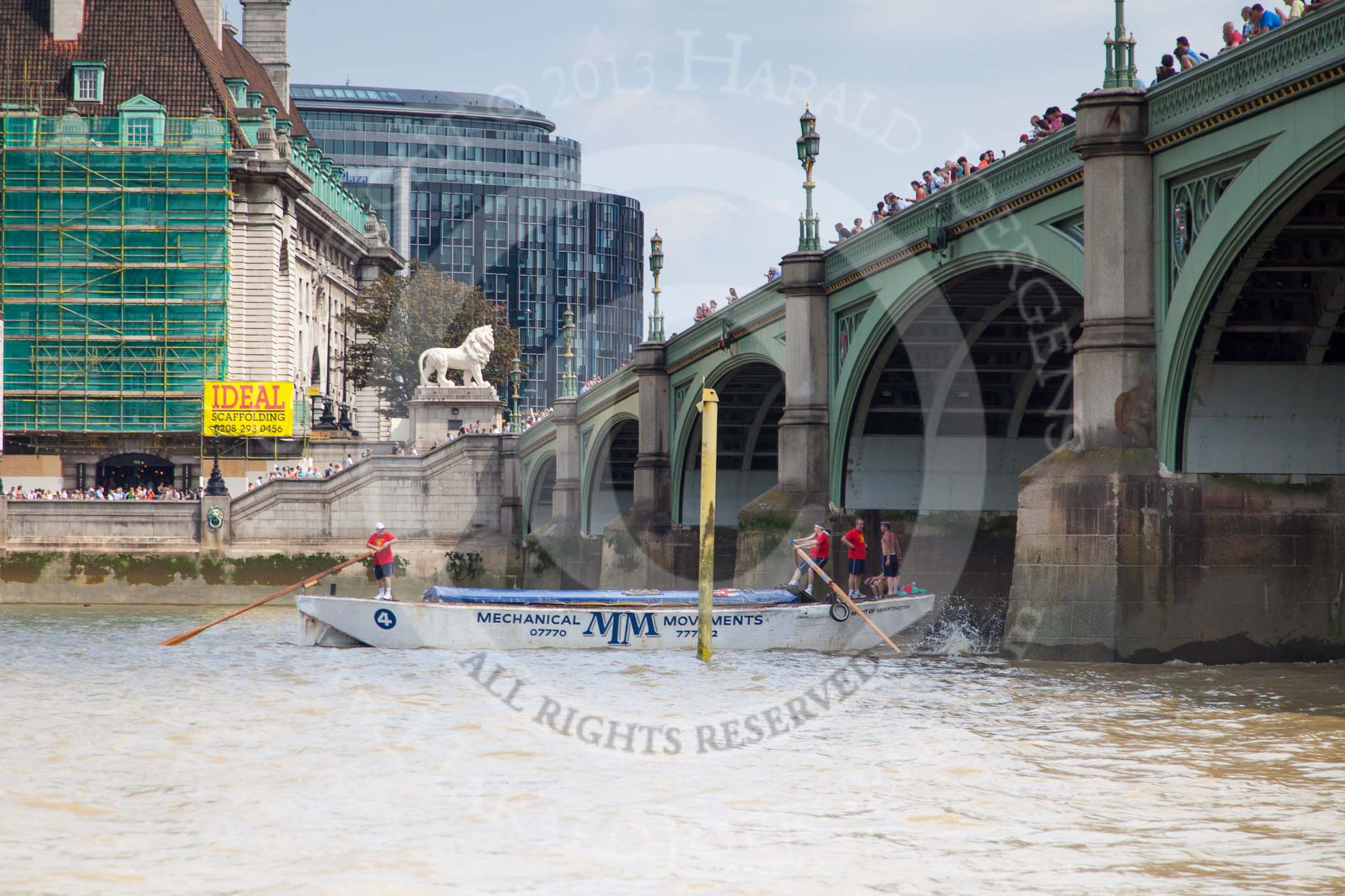 TOW River Thames Barge Driving Race 2013: Barge "Spirit of Mountabatten", by Mechanical Movements and Enabling Services Ltd, crossing the finish line of the race at Westminster Bridge..
River Thames between Greenwich and Westminster,
London,

United Kingdom,
on 13 July 2013 at 14:26, image #462