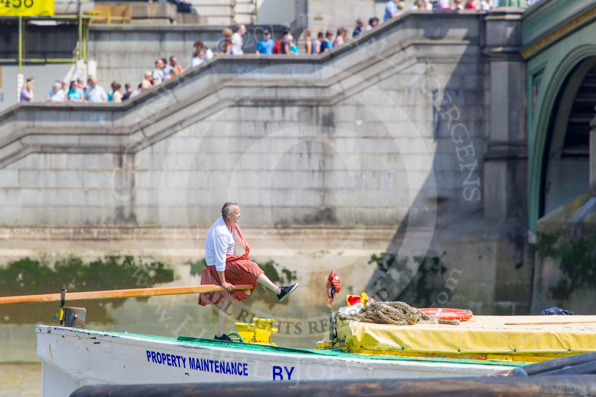 TOW River Thames Barge Driving Race 2013: Barge "Hoppy", by GPS Fabrication, crossing the finish line of the race at Westminster Bridge..
River Thames between Greenwich and Westminster,
London,

United Kingdom,
on 13 July 2013 at 14:27, image #464