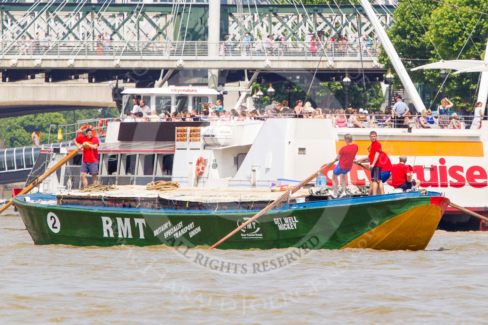 TOW River Thames Barge Driving Race 2013: Barge "Jane", by the RMT Union, passing Hungerford Bridge..
River Thames between Greenwich and Westminster,
London,

United Kingdom,
on 13 July 2013 at 14:28, image #470