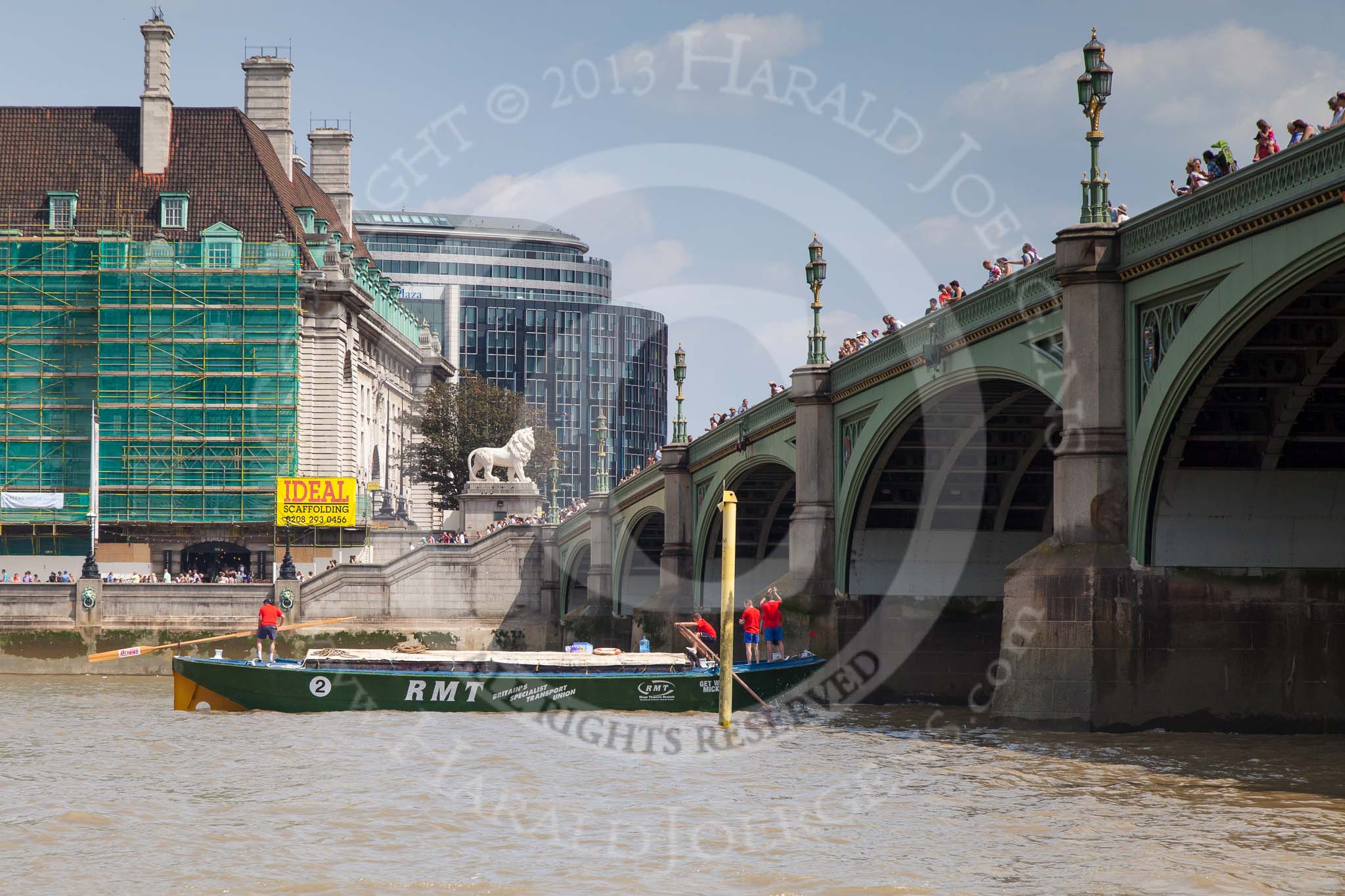TOW River Thames Barge Driving Race 2013: Barge "Jane", by the RMT Union, crossing the finish line of the race at Westminster Bridge..
River Thames between Greenwich and Westminster,
London,

United Kingdom,
on 13 July 2013 at 14:30, image #475