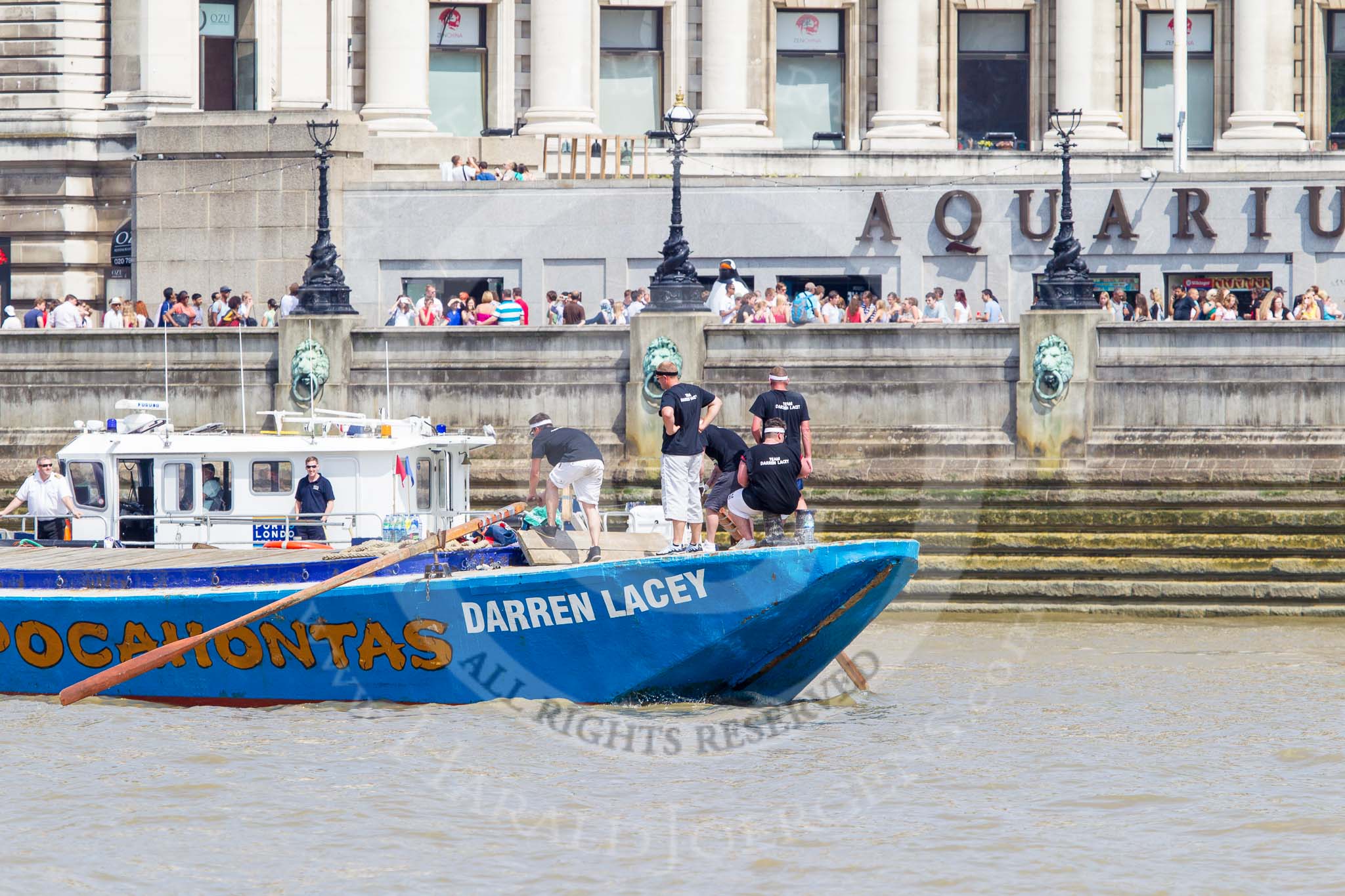 TOW River Thames Barge Driving Race 2013: Barge "Darren Lacey", by Princess Pocahontas, at the London Eye and London Aquarium, close to the race finish at Westminster Bridge..
River Thames between Greenwich and Westminster,
London,

United Kingdom,
on 13 July 2013 at 14:30, image #477