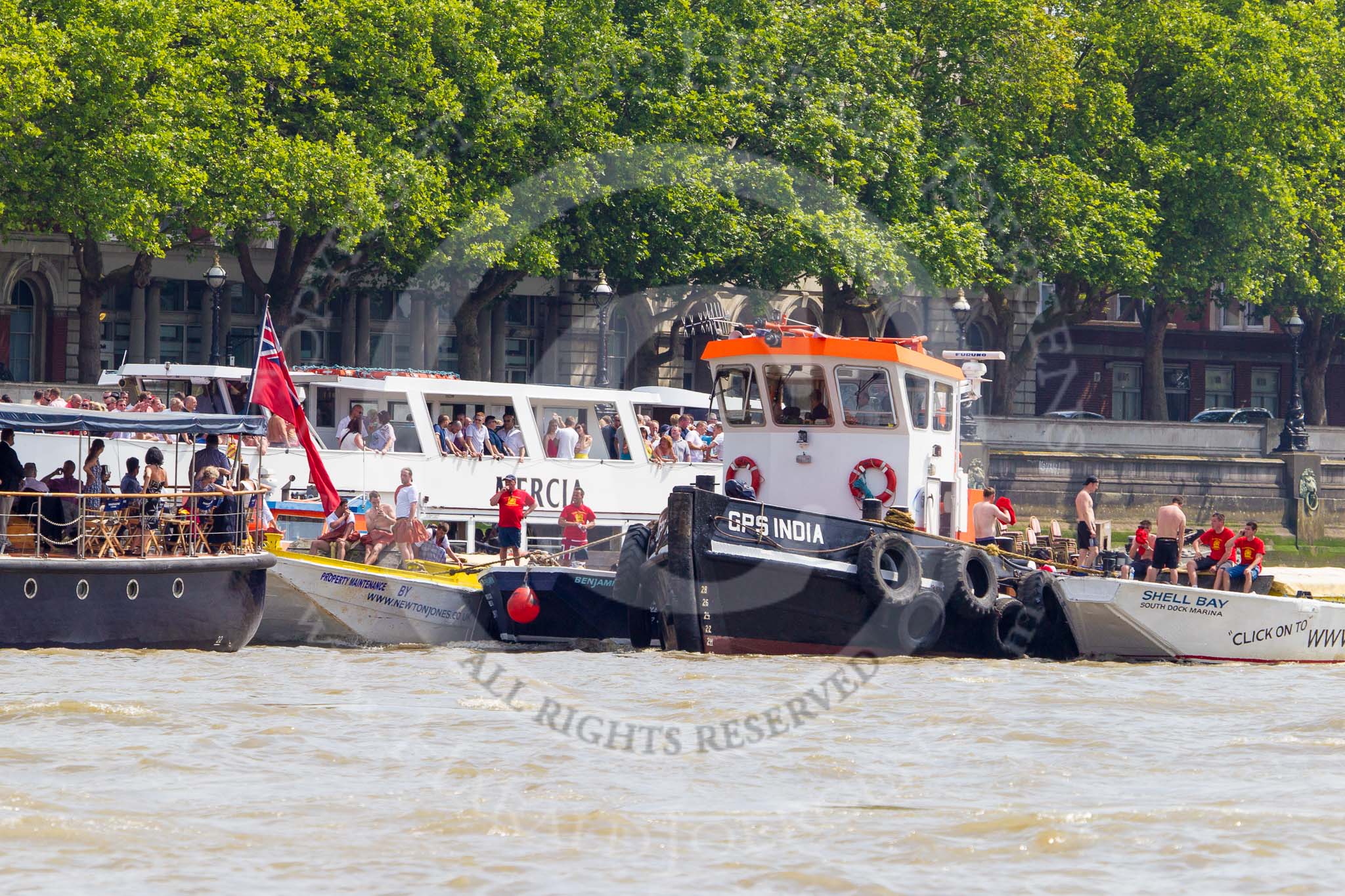 TOW River Thames Barge Driving Race 2013: MV Havengore, hosting VIP guests, on the left, behind GPS Marine tug "GPS India", ready to pull barge "Benjamin", by London Party Boats, and barge "Shell Bay" by South Dock Marina, back to Greenwich..
River Thames between Greenwich and Westminster,
London,

United Kingdom,
on 13 July 2013 at 14:36, image #498