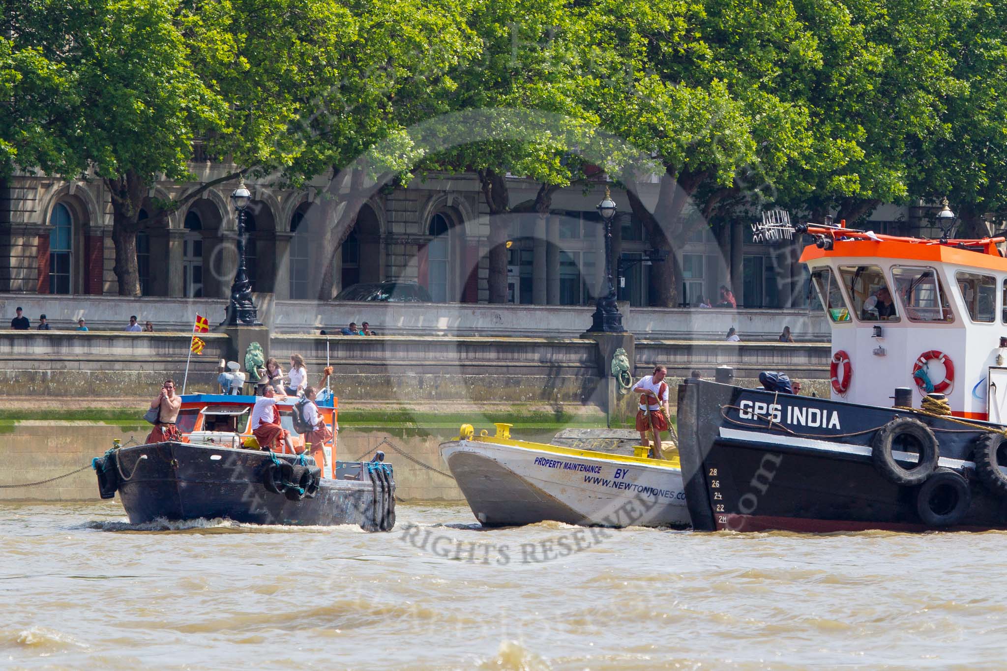 TOW River Thames Barge Driving Race 2013: GPS Marine tug "GPS India", and barge "Hoppy", by GPS Fabrication, behind the finish line at Westminster Bridge, ready for the return journey to Greenwich..
River Thames between Greenwich and Westminster,
London,

United Kingdom,
on 13 July 2013 at 14:38, image #502