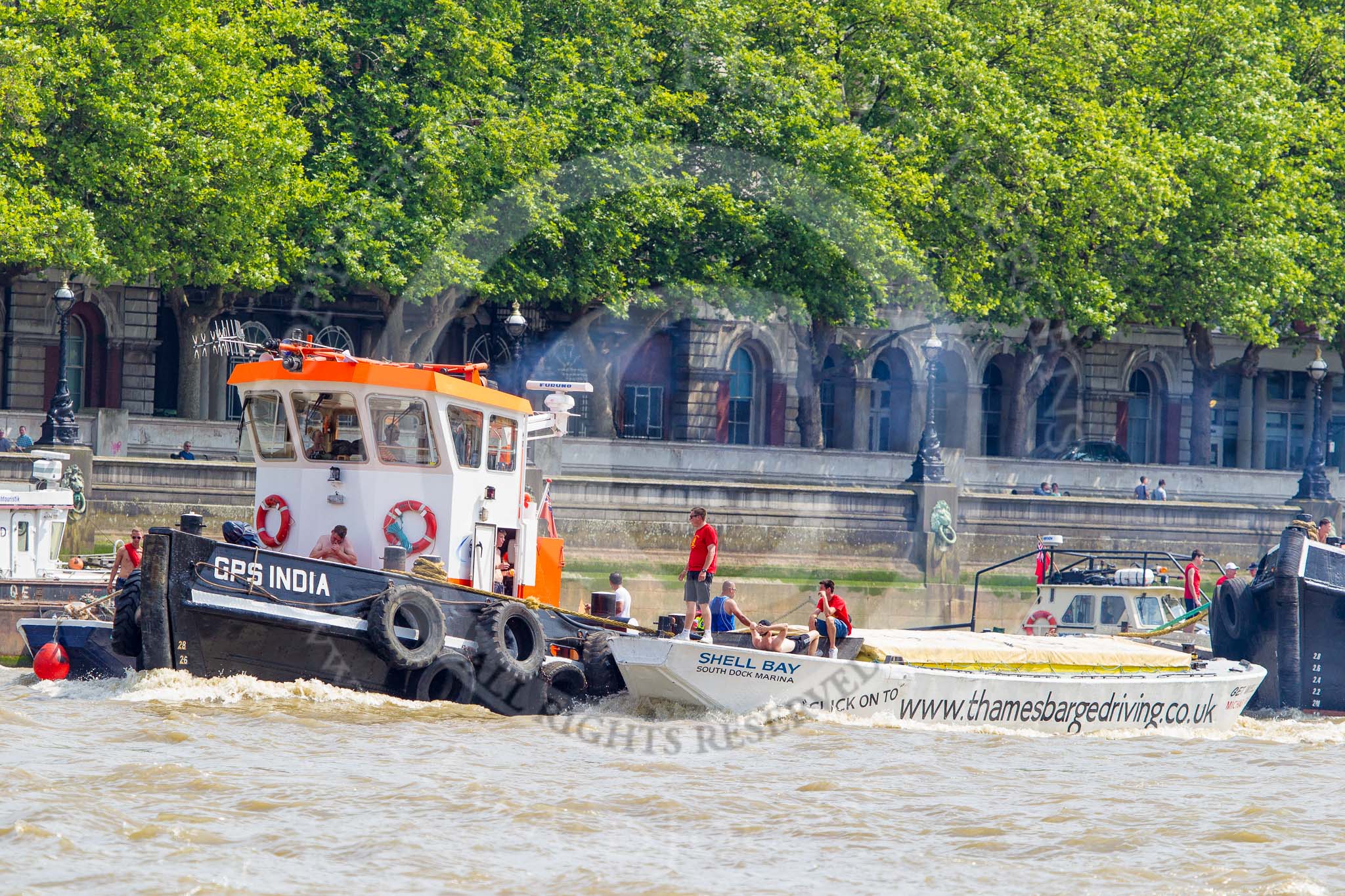 TOW River Thames Barge Driving Race 2013: GPS Marine tug "GPS India", ready to pull barge "Benjamin", by London Party Boats, and barge "Shell Bay" by South Dock Marina, back to Greenwich. Behind them "GPS Vincia"..
River Thames between Greenwich and Westminster,
London,

United Kingdom,
on 13 July 2013 at 14:39, image #503