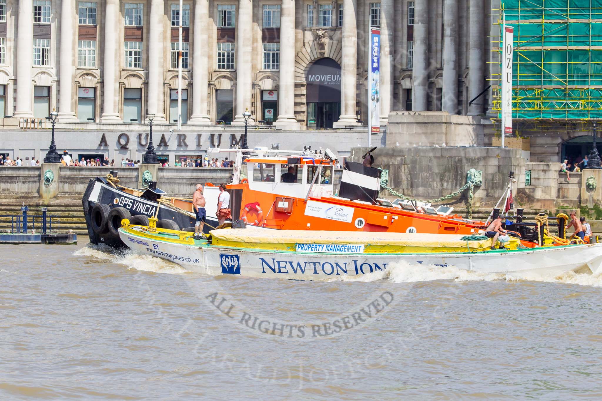 TOW River Thames Barge Driving Race 2013: GPS Marine tug "GPS Vincia" pulling barge "Hoppy", by GPS Fabrication, back from Westminster to Greenwich..
River Thames between Greenwich and Westminster,
London,

United Kingdom,
on 13 July 2013 at 14:41, image #507