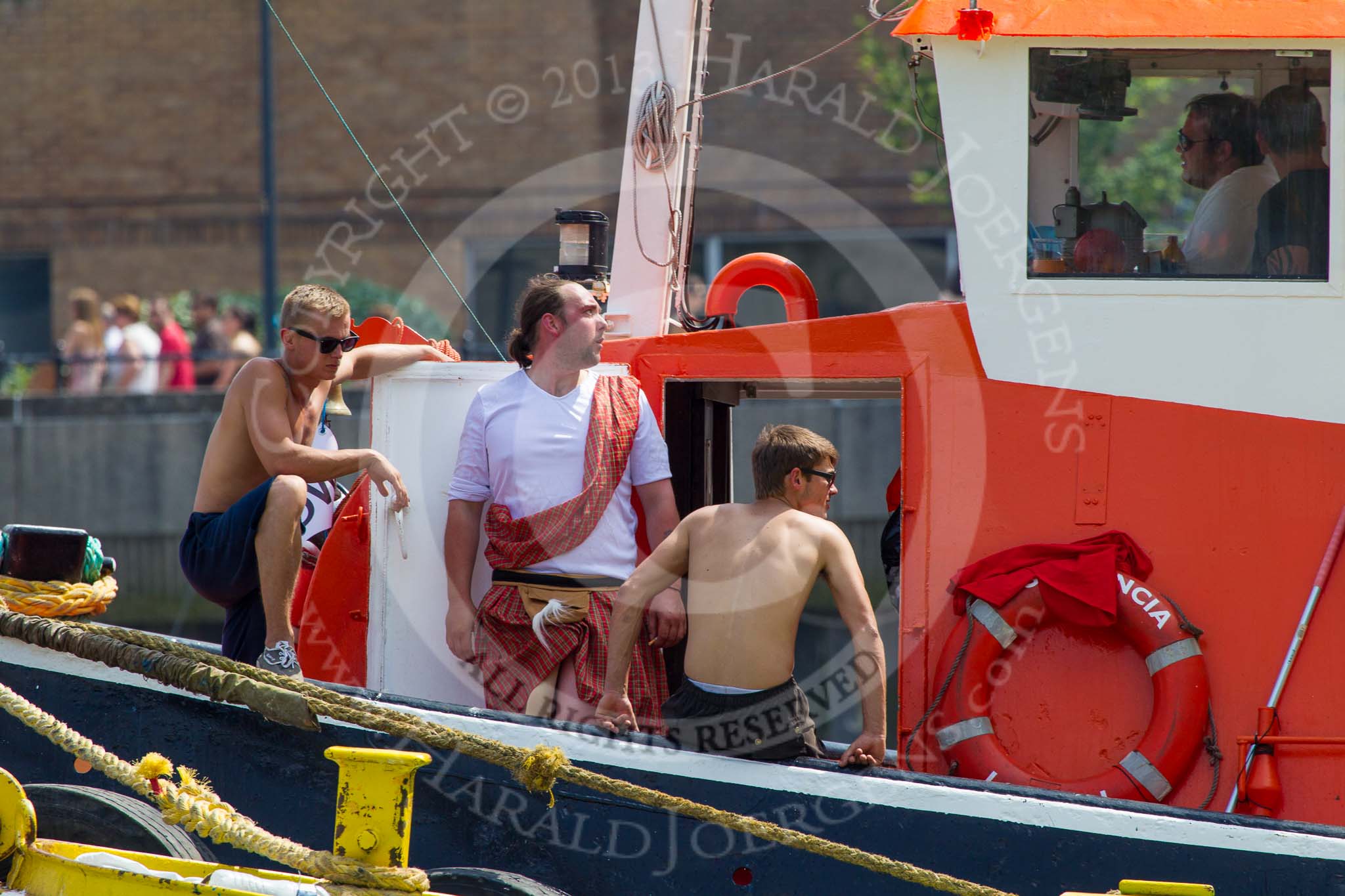 TOW River Thames Barge Driving Race 2013: Crew members of barge "Hoppy", by GPS Fabrication, on board of GPS Marine tug "GPS Vincia" after the race..
River Thames between Greenwich and Westminster,
London,

United Kingdom,
on 13 July 2013 at 14:53, image #540