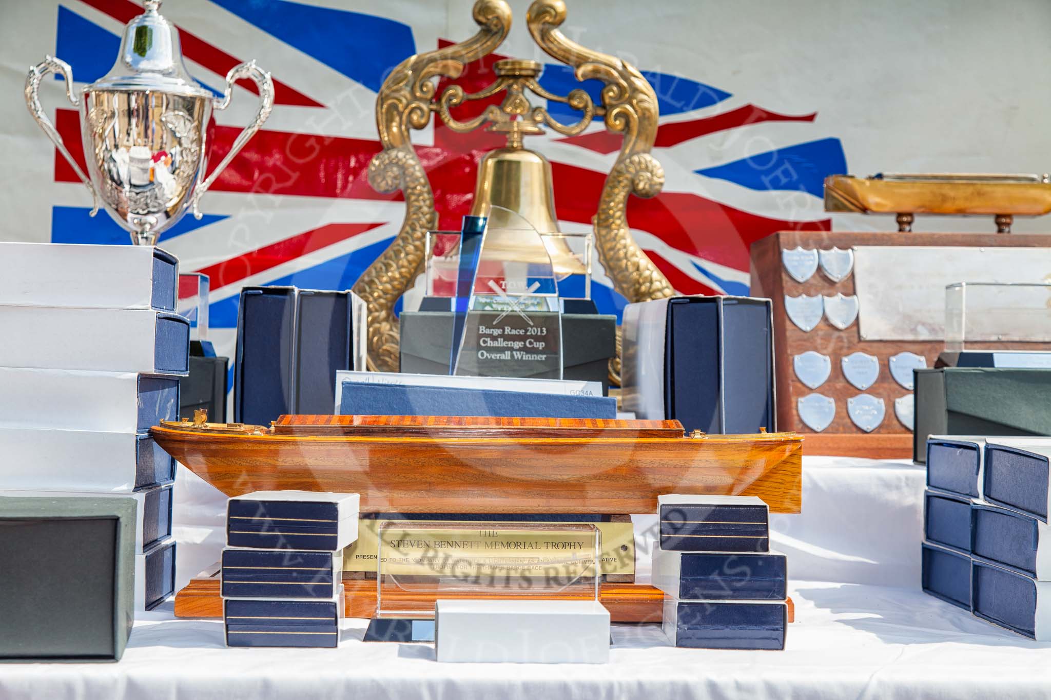 TOW River Thames Barge Driving Race 2013: The "Stephen Bennet Memorial Trophy" in the centre of all the other race prizes..
River Thames between Greenwich and Westminster,
London,

United Kingdom,
on 13 July 2013 at 15:38, image #555