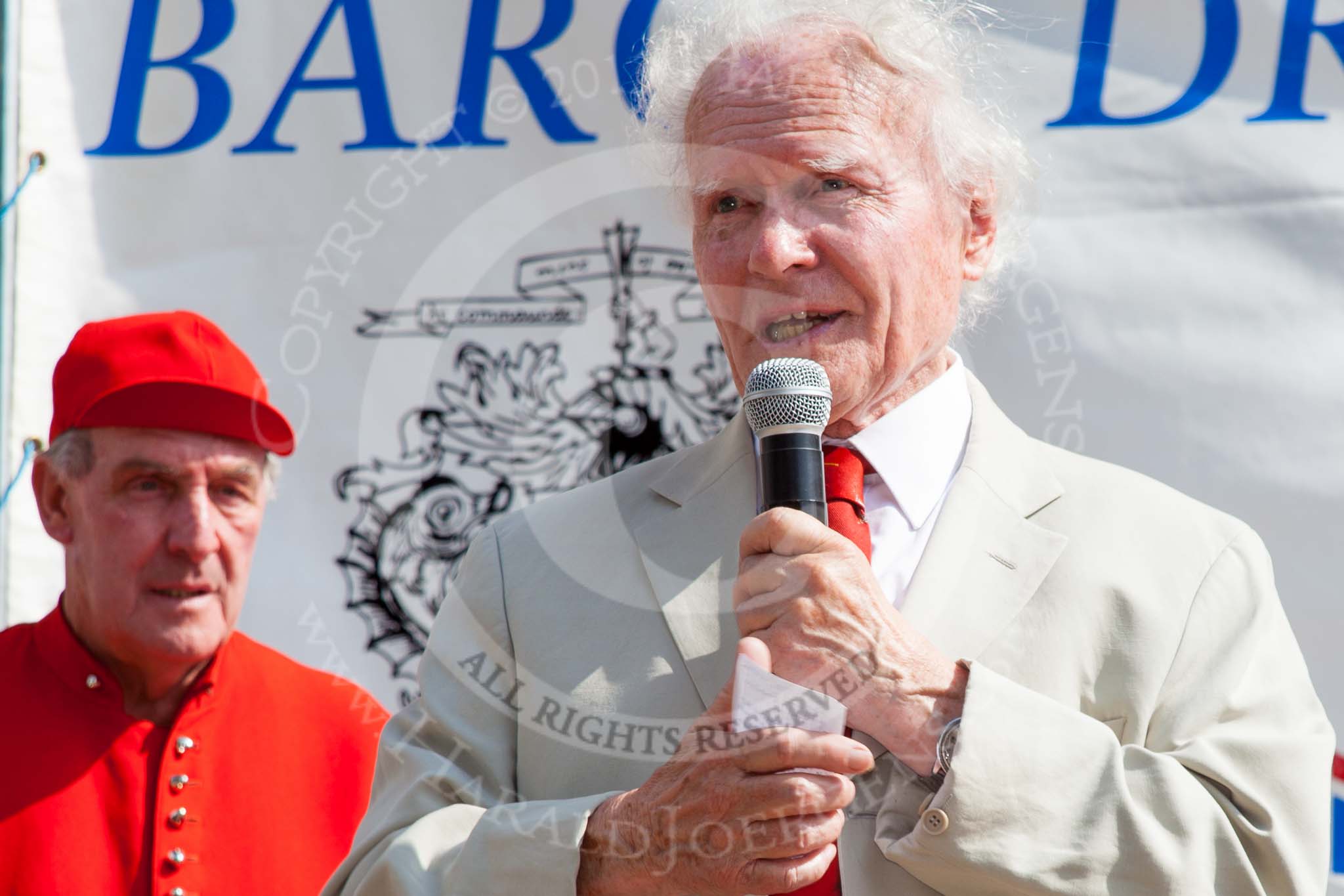 TOW River Thames Barge Driving Race 2013: The chairman of the event, Alan Lee Williams OBE, speaking before the price-giving..
River Thames between Greenwich and Westminster,
London,

United Kingdom,
on 13 July 2013 at 16:15, image #562