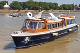 TOW River Thames Barge Driving Race 2013: The high speed Thames Launch "John Harriot", by Thames Executive Charters, arriving at Greenwich pier to pick up the umpire and the the photographer..
River Thames between Greenwich and Westminster,
London,

United Kingdom,
on 13 July 2013 at 11:11, image #26