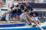 TOW River Thames Barge Driving Race 2013: The crew of barge "Darren Lacey", by Princess Pocahontas, rowing the barge from the start..
River Thames between Greenwich and Westminster,
London,

United Kingdom,
on 13 July 2013 at 12:35, image #109