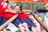 TOW River Thames Barge Driving Race 2013: Rowers on the deck of barge "Spirit of Mountabatten", by Mechanical Movements and Enabling Services Ltd, working hard during the race..
River Thames between Greenwich and Westminster,
London,

United Kingdom,
on 13 July 2013 at 12:39, image #153