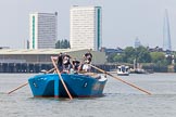 TOW River Thames Barge Driving Race 2013: Rear view of barge "Darren Lacey", by Princess Pocahontas, during the race. On the very right of the image the Shard skyscraper..
River Thames between Greenwich and Westminster,
London,

United Kingdom,
on 13 July 2013 at 12:40, image #158