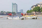 TOW River Thames Barge Driving Race 2013: Barge "Spirit of Mountabatten", by Mechanical Movements and Enabling Services Ltd, and barge barge "Hoppy", by GPS Fabrication, during the race. In the background the "Walkie Talkie" building..
River Thames between Greenwich and Westminster,
London,

United Kingdom,
on 13 July 2013 at 12:40, image #159