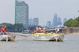 Photo 1307131241115D23777HaraldJoergens TOW River Thames Barge Driving Race 2013: Barge "Hoppy", by GPS Fabrication, approaching Masthouse Terrace Pier. On the left barge "Spirit of Mountabatten", by Mechanical Movements and Enabling Services Ltd. In the background the skyscrapers of the City of London..
River Thames between Greenwich and Westminster,
London,
United Kingdom,
on 13 July 2013 at 12:41, image #167