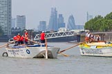 Photo 1307131241185D23790HaraldJoergens TOW River Thames Barge Driving Race 2013: Barge "Hoppy", by GPS Fabrication, approaching Masthouse Terrace Pier. On the left barge "Spirit of Mountabatten", by Mechanical Movements and Enabling Services Ltd. In the background the skyscrapers of the City of London..
River Thames between Greenwich and Westminster,
London,
United Kingdom,
on 13 July 2013 at 12:41, image #170