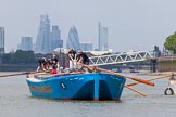 Photo 1307131241505D23825HaraldJoergens TOW River Thames Barge Driving Race 2013: Rear view of barge "Darren Lacey", by Princess Pocahontas, during the race, approaching Masthouse Terrace Pier. In the background the skyscrapers of the City of London, including the "Gherkin". On the right of "Darren Lacey" is barge "Spirit of Mountabatten", by Mechanical Movements and Enabling Services Ltd..
River Thames between Greenwich and Westminster,
London,
United Kingdom,
on 13 July 2013 at 12:41, image #176