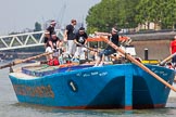 TOW River Thames Barge Driving Race 2013: Rear view of barge "Darren Lacey", by Princess Pocahontas, during the race, approaching Masthouse Terrace Pier.. On the right of "Darren Lacey" is barge "Spirit of Mountabatten", by Mechanical Movements and Enabling Services Ltd..
River Thames between Greenwich and Westminster,
London,

United Kingdom,
on 13 July 2013 at 12:42, image #181