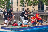 TOW River Thames Barge Driving Race 2013: Rowers on barge barge "Darren Lacey", by Princess Pocahontas, taunting rowers on barge "Spirit of Mountabatten", by Mechanical Movements and Enabling Services Ltd, on their right..
River Thames between Greenwich and Westminster,
London,

United Kingdom,
on 13 July 2013 at 12:42, image #182