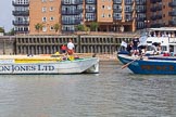 TOW River Thames Barge Driving Race 2013: Three barges together - in front "Hoppy", by GPS Fabrication, behind  barge "Jane", by the RMT Union, following, and on the right, barge "Darren Lacey", by Princess Pocahonta..
River Thames between Greenwich and Westminster,
London,

United Kingdom,
on 13 July 2013 at 12:43, image #189