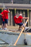 TOW River Thames Barge Driving Race 2013: Rowers on the deck of of barge "Spirit of Mountabatten", by Mechanical Movements and Enabling Services Ltd..
River Thames between Greenwich and Westminster,
London,

United Kingdom,
on 13 July 2013 at 12:45, image #194