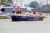 TOW River Thames Barge Driving Race 2013: Barge "Blackwall", by the Port of London Authority, seen in front of a Thames Clippers pleasure boat..
River Thames between Greenwich and Westminster,
London,

United Kingdom,
on 13 July 2013 at 12:45, image #199