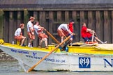 TOW River Thames Barge Driving Race 2013: Barge "Hoppy", by GPS Fabrication, behind Hoppy barge "Jane", by the RMT Union..
River Thames between Greenwich and Westminster,
London,

United Kingdom,
on 13 July 2013 at 12:46, image #201