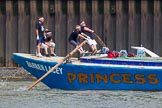 TOW River Thames Barge Driving Race 2013: Rowers at the bow of barge "Darren Lacey", by Princess Pocahontas, during the race..
River Thames between Greenwich and Westminster,
London,

United Kingdom,
on 13 July 2013 at 12:46, image #202