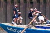 TOW River Thames Barge Driving Race 2013: Rowers at the bow of barge "Darren Lacey", by Princess Pocahontas, during the race..
River Thames between Greenwich and Westminster,
London,

United Kingdom,
on 13 July 2013 at 12:46, image #203