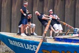 TOW River Thames Barge Driving Race 2013: Rowers at the bow of barge "Darren Lacey", by Princess Pocahontas, during the race..
River Thames between Greenwich and Westminster,
London,

United Kingdom,
on 13 July 2013 at 12:46, image #204