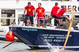 TOW River Thames Barge Driving Race 2013: Rowers working hard on board of barge "Benjamin", by London Party Boats. In the background pleasure boat "Mercia"..
River Thames between Greenwich and Westminster,
London,

United Kingdom,
on 13 July 2013 at 12:47, image #207