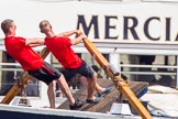 TOW River Thames Barge Driving Race 2013: Rowers working hard on board of barge "Benjamin", by London Party Boats. In the background pleasure boat "Mercia"..
River Thames between Greenwich and Westminster,
London,

United Kingdom,
on 13 July 2013 at 12:47, image #208