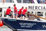 TOW River Thames Barge Driving Race 2013: Rowers working hard on board of barge "Benjamin", by London Party Boats. In the background pleasure boat "Mercia"..
River Thames between Greenwich and Westminster,
London,

United Kingdom,
on 13 July 2013 at 12:47, image #209