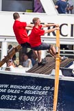 TOW River Thames Barge Driving Race 2013: Rowers working hard on board of barge "Benjamin", by London Party Boats. In the background pleasure boat "Mercia"..
River Thames between Greenwich and Westminster,
London,

United Kingdom,
on 13 July 2013 at 12:47, image #210