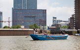 TOW River Thames Barge Driving Race 2013: Barge "Darren Lacey", by Princess Pocahontas, in front of Canary Wharf..
River Thames between Greenwich and Westminster,
London,

United Kingdom,
on 13 July 2013 at 13:14, image #296
