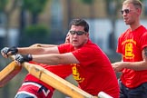 TOW River Thames Barge Driving Race 2013: Rowers on board of barge "Benjamin", by London Party Boats..
River Thames between Greenwich and Westminster,
London,

United Kingdom,
on 13 July 2013 at 13:18, image #309