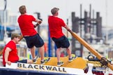 TOW River Thames Barge Driving Race 2013: Rowers on the deck of barge "Blackwall", by the Port of London Authority, during the race..
River Thames between Greenwich and Westminster,
London,

United Kingdom,
on 13 July 2013 at 13:32, image #357