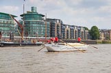 TOW River Thames Barge Driving Race 2013: Barge "Shell Bay" by South Dock Marina, passing modern buildings at Wapping Hight Street..
River Thames between Greenwich and Westminster,
London,

United Kingdom,
on 13 July 2013 at 13:43, image #379