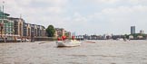 TOW River Thames Barge Driving Race 2013: Barge "Shell Bay" by South Dock Marina, passing modern buildings at Wapping Hight Street..
River Thames between Greenwich and Westminster,
London,

United Kingdom,
on 13 July 2013 at 13:43, image #380